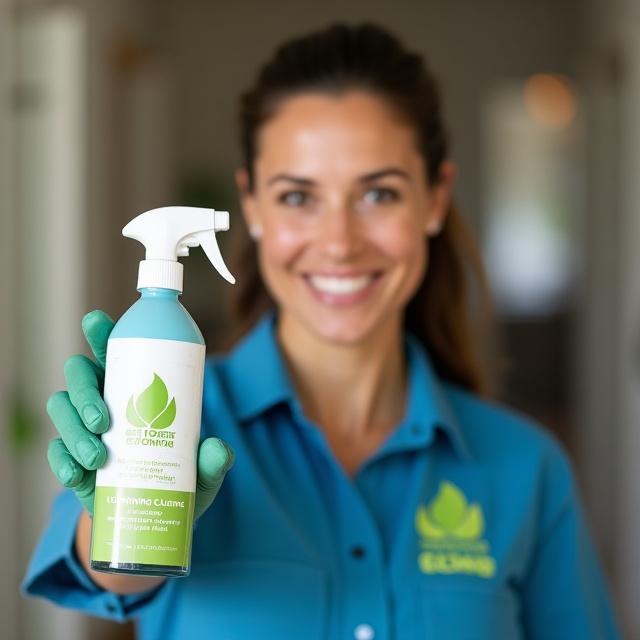 A friendly technician holding a bottle with a green leaf logo.